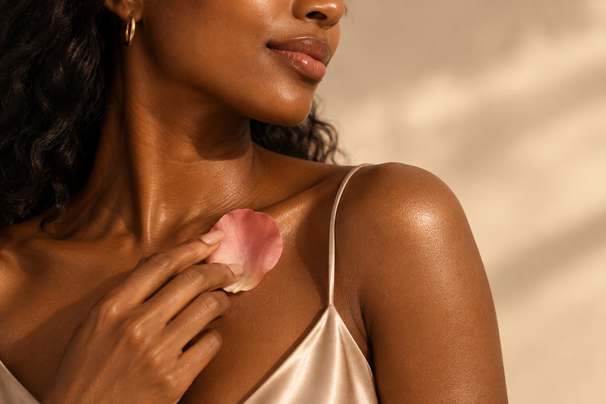 Vellure lifestyle campaign portrait of a woman holding a rose petal near her collarbone.