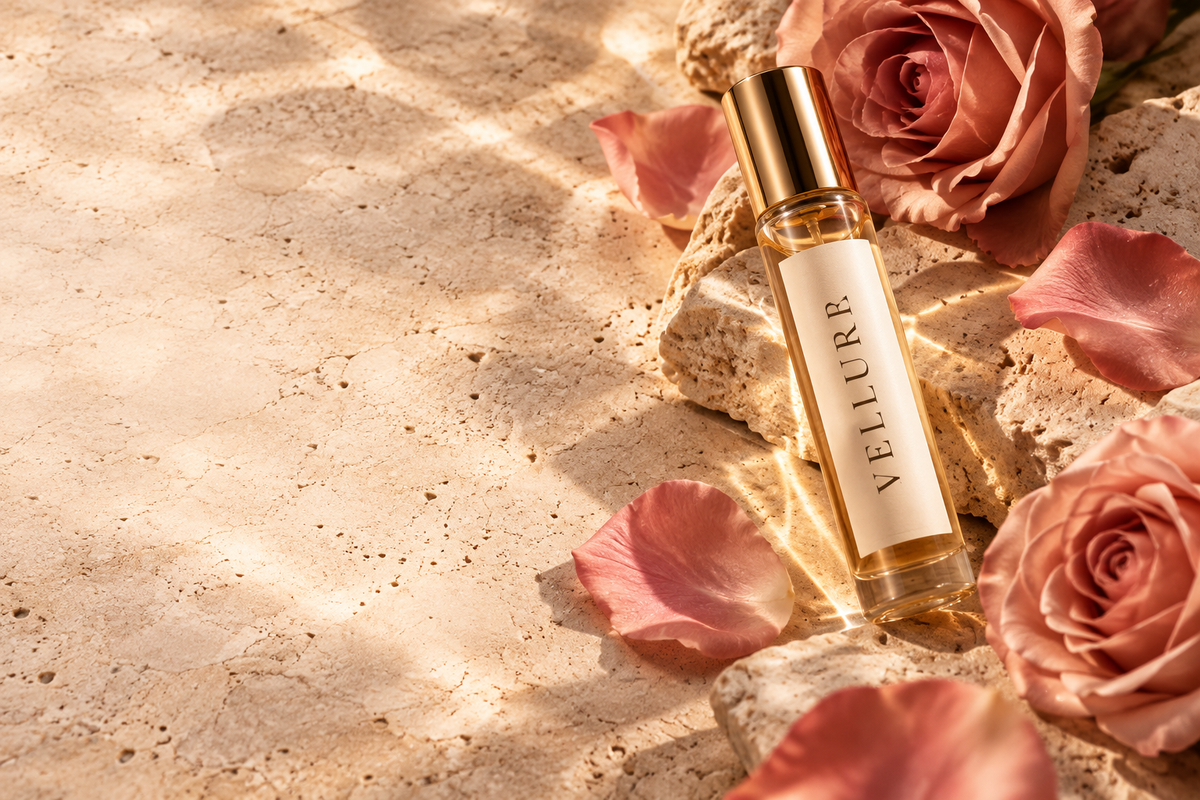 Vellure campaign artwork with a gold-capped perfume bottle, blush roses and warm stone.