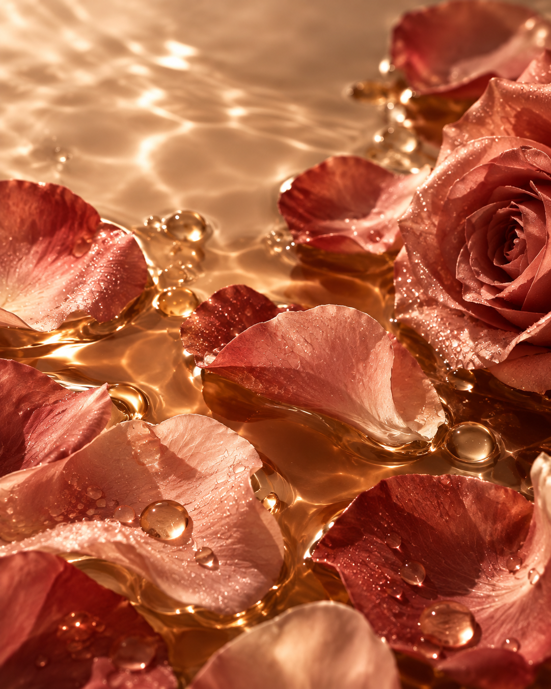 Rose-petal campaign artwork with golden light and amber reflections.