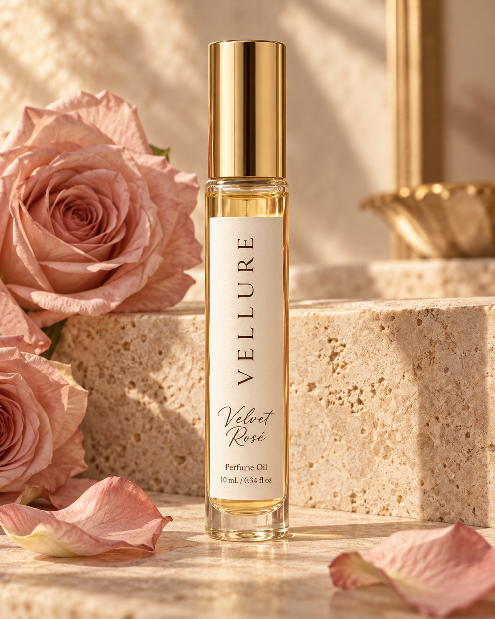 Velvet Rosé 10 mL perfume oil — AI-generated packaging mockup with a gold cap and blush roses.