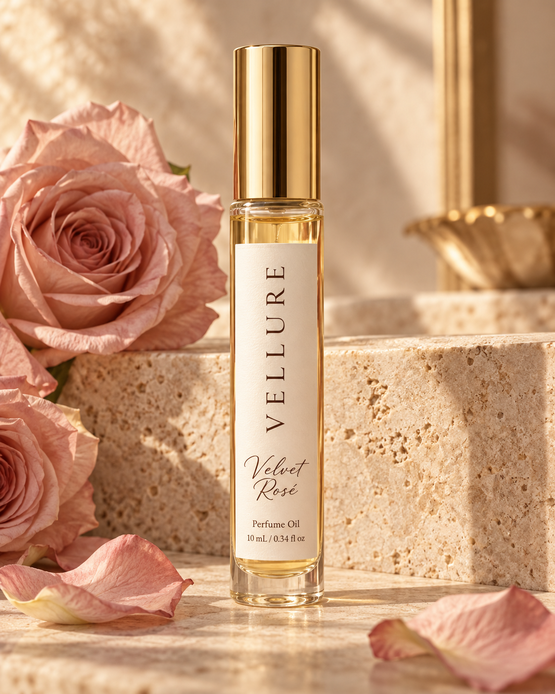 Velvet Rosé 10 mL perfume oil — AI-generated packaging mockup with a gold cap and blush roses.
