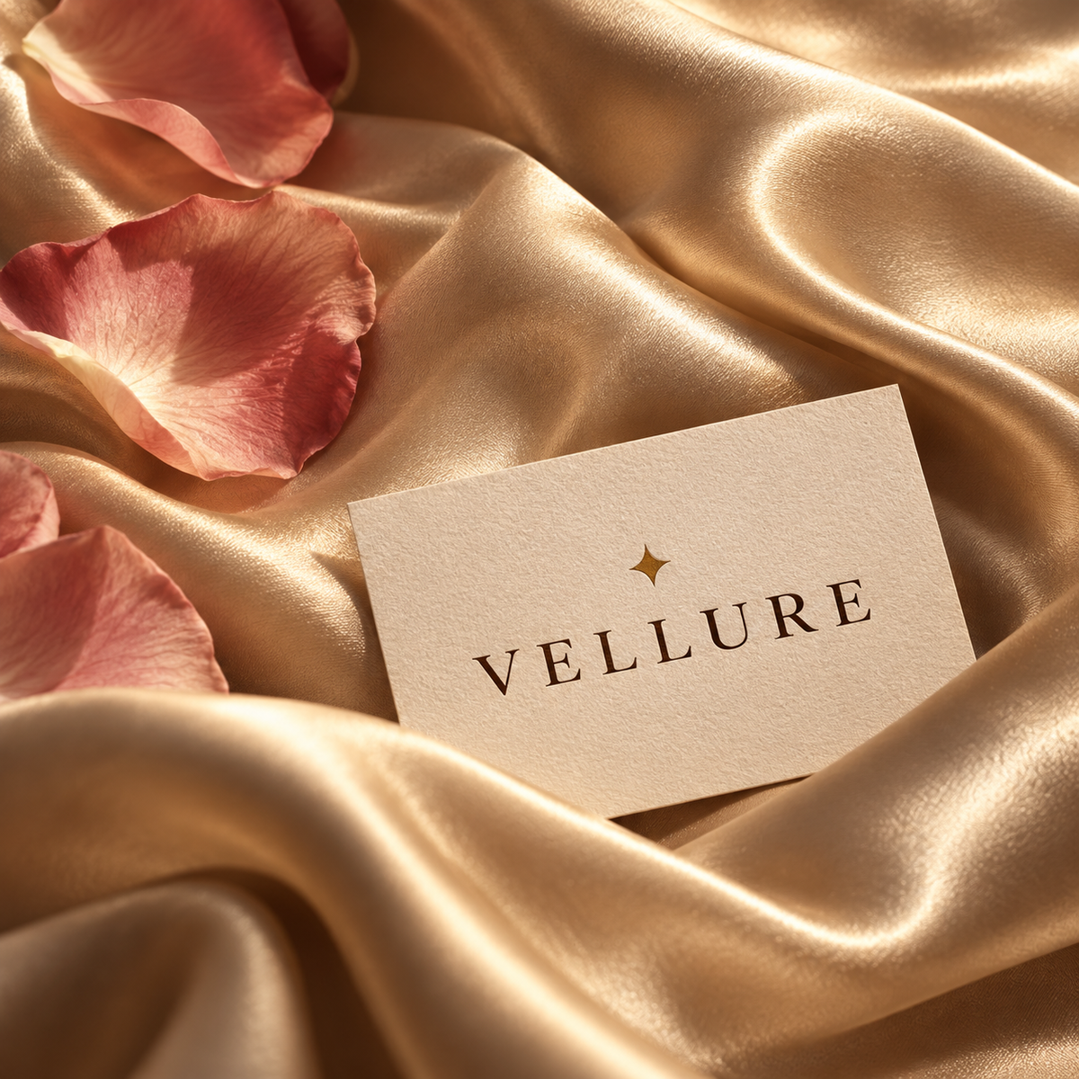 Vellure brand card resting on champagne satin with blush rose petals.